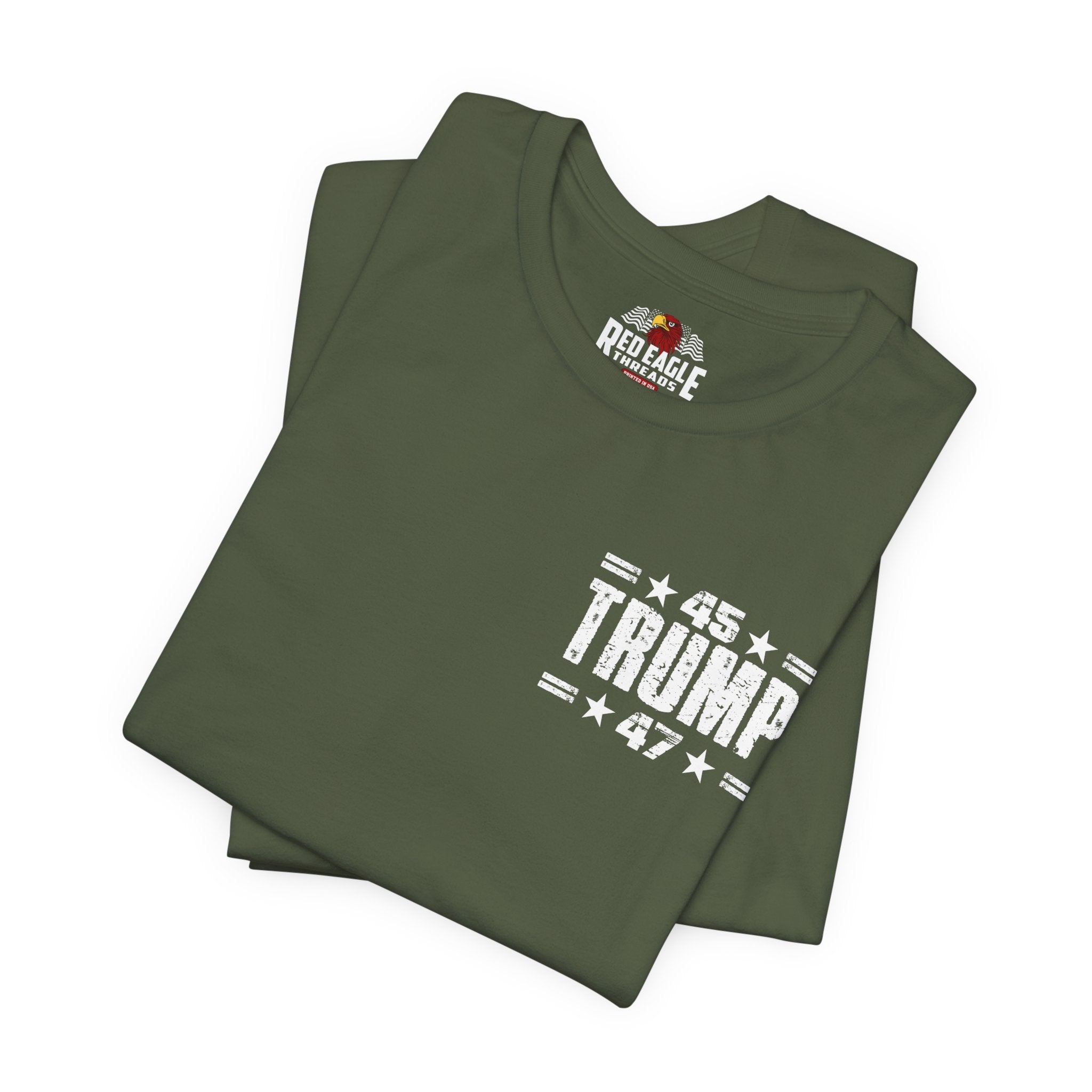 Folded military green t-shirt with '45 TRUMP 47' text on a white background