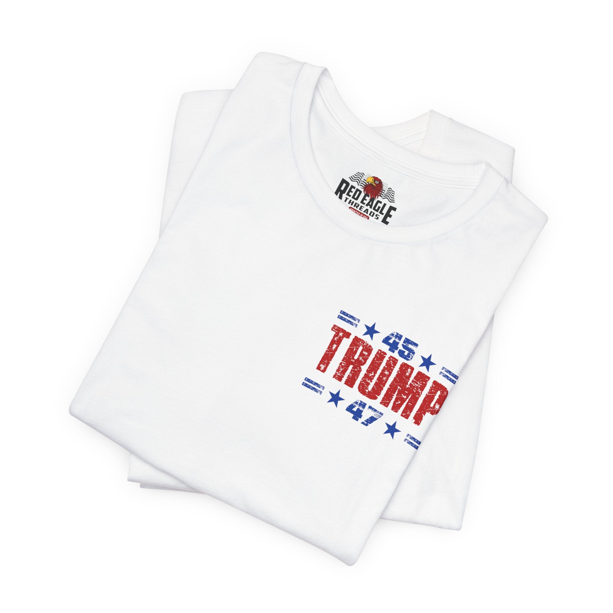 White t-shirt with '45 Trump 47' design on a white background