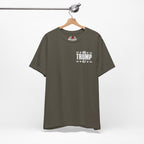 Army Green t-shirt with '45 x Trump' text on a hanger against a white background