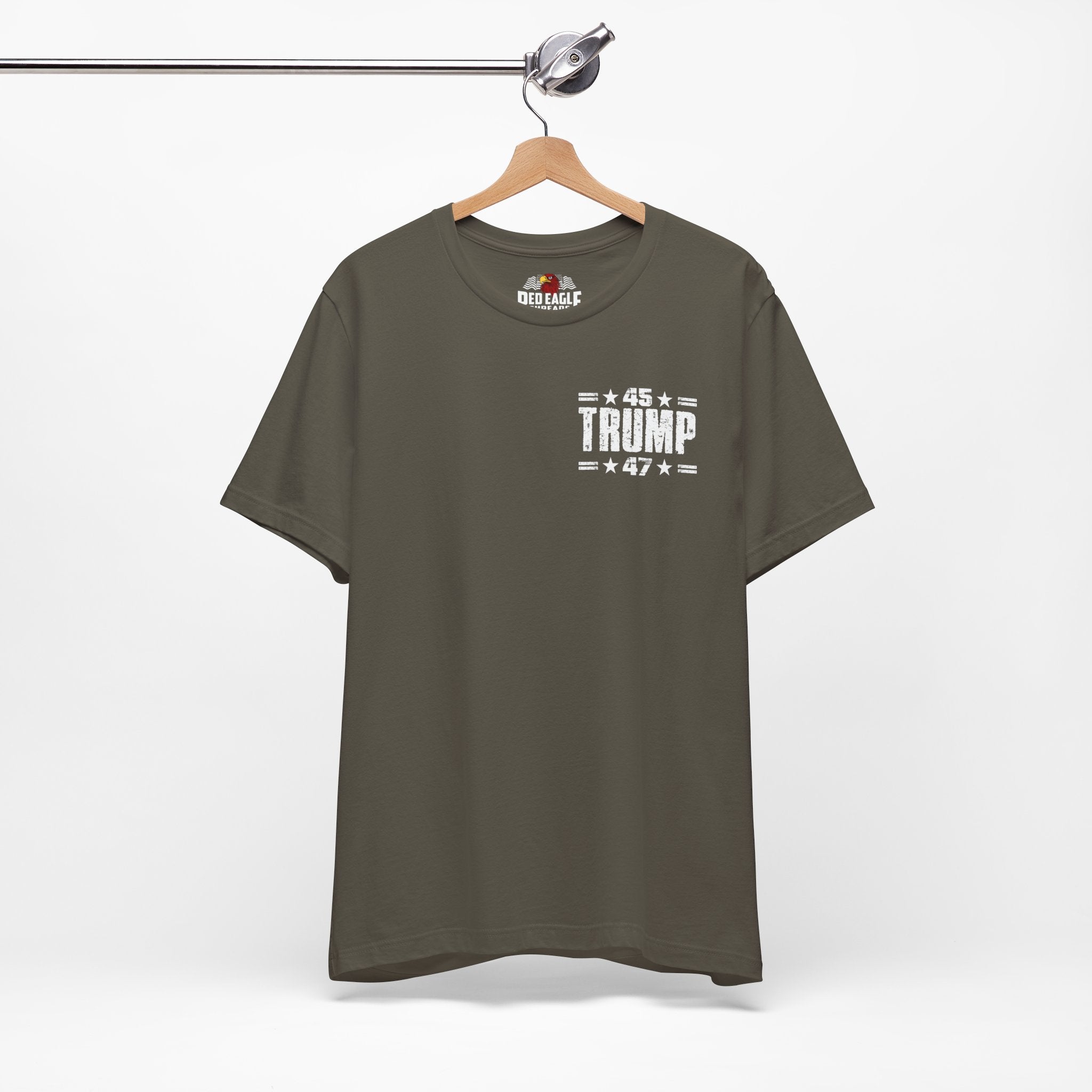 Army Green t-shirt with '45 x Trump' text on a hanger against a white background