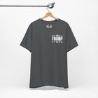 Gray t-shirt with '45 x Trump' text on a hanger against a white background