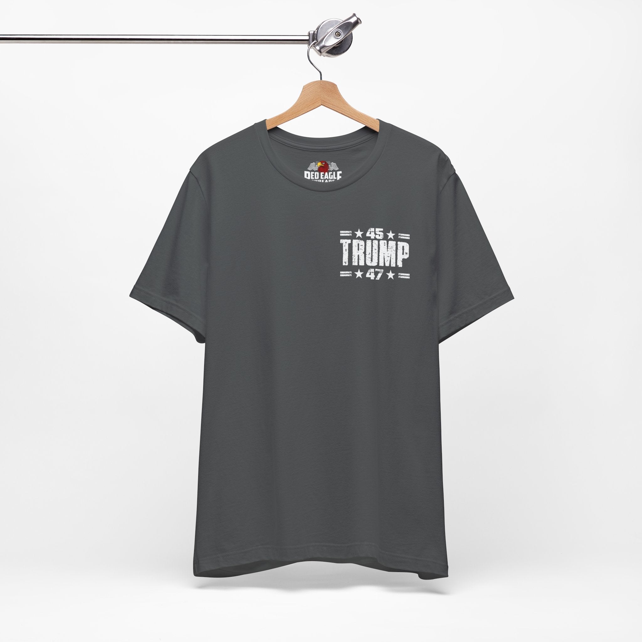 Gray t-shirt with '45 x Trump' text on a hanger against a white background