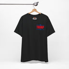 Black t-shirt with '45 TRUMP 47' text on a hanger against a white background