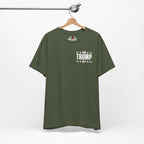 Military Green t-shirt with '45 TRUMP 47' text on a hanger against a white background