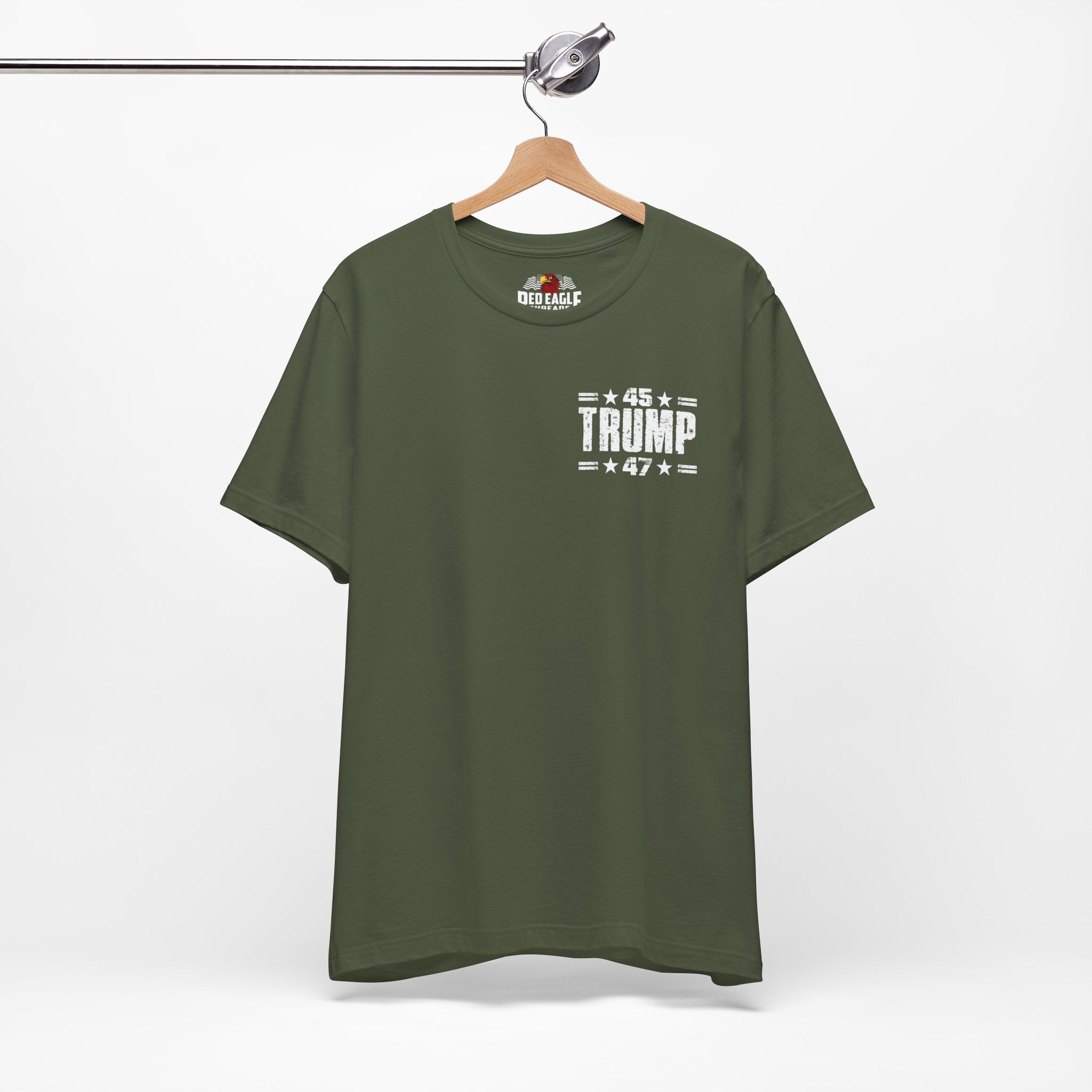 Military Green t-shirt with '45 TRUMP 47' text on a hanger against a white background
