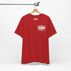 Red t-shirt with '45 Trump 47' text on a hanger against a white background