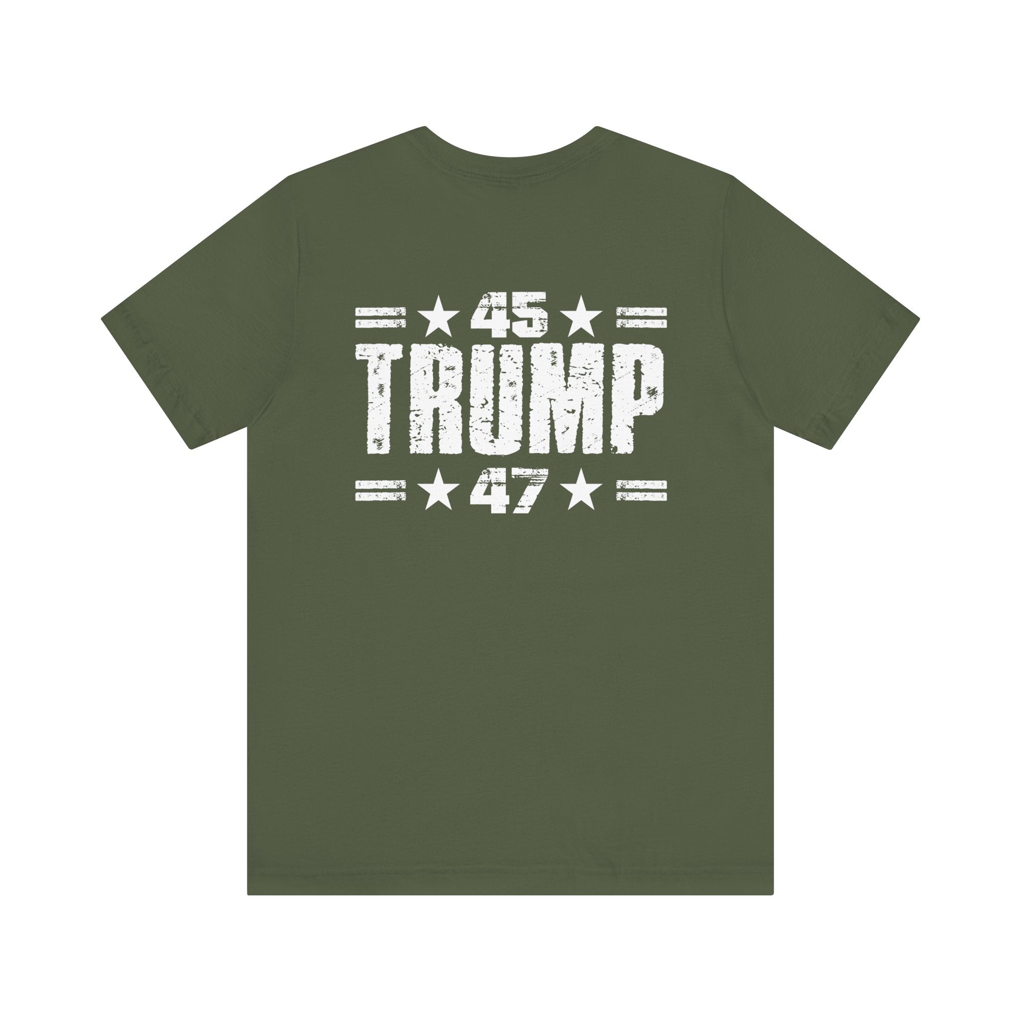 Military Green t-shirt with '45 Trump 47' text on the back, on a white background