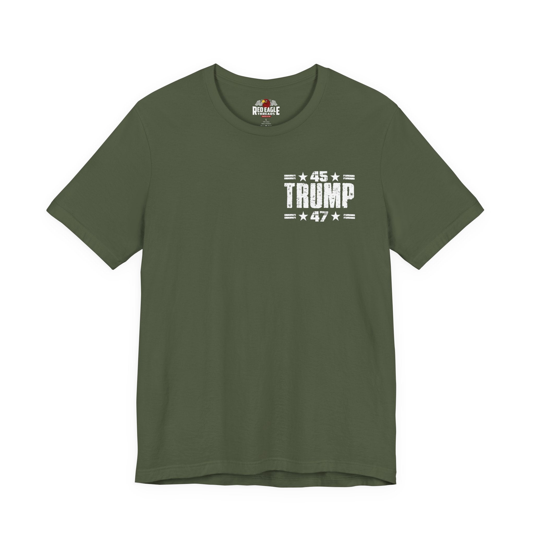 Military Green t-shirt with '45 Trump 47' text on a white background