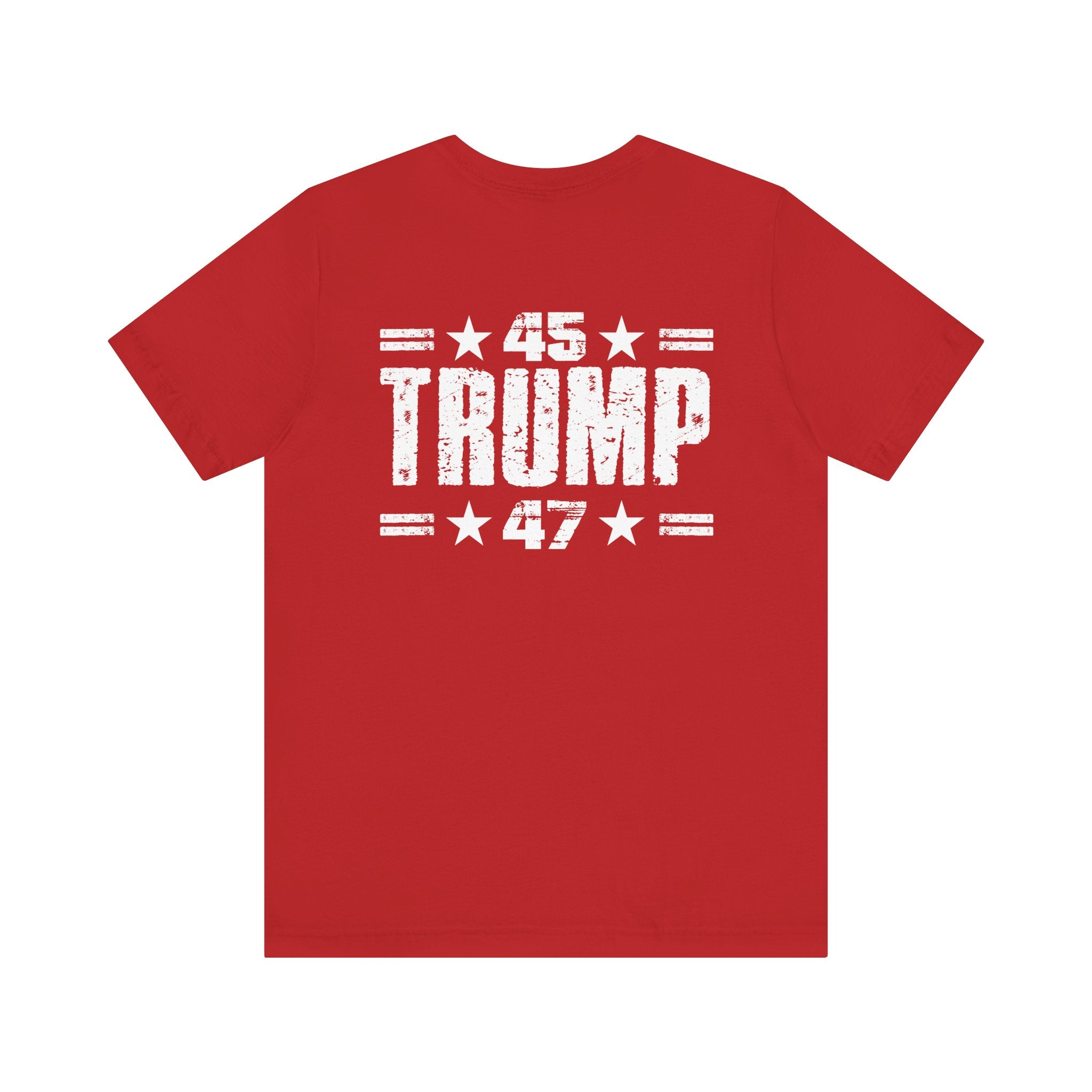 Red t-shirt with '45 Trump 47' text on the back, on a white background