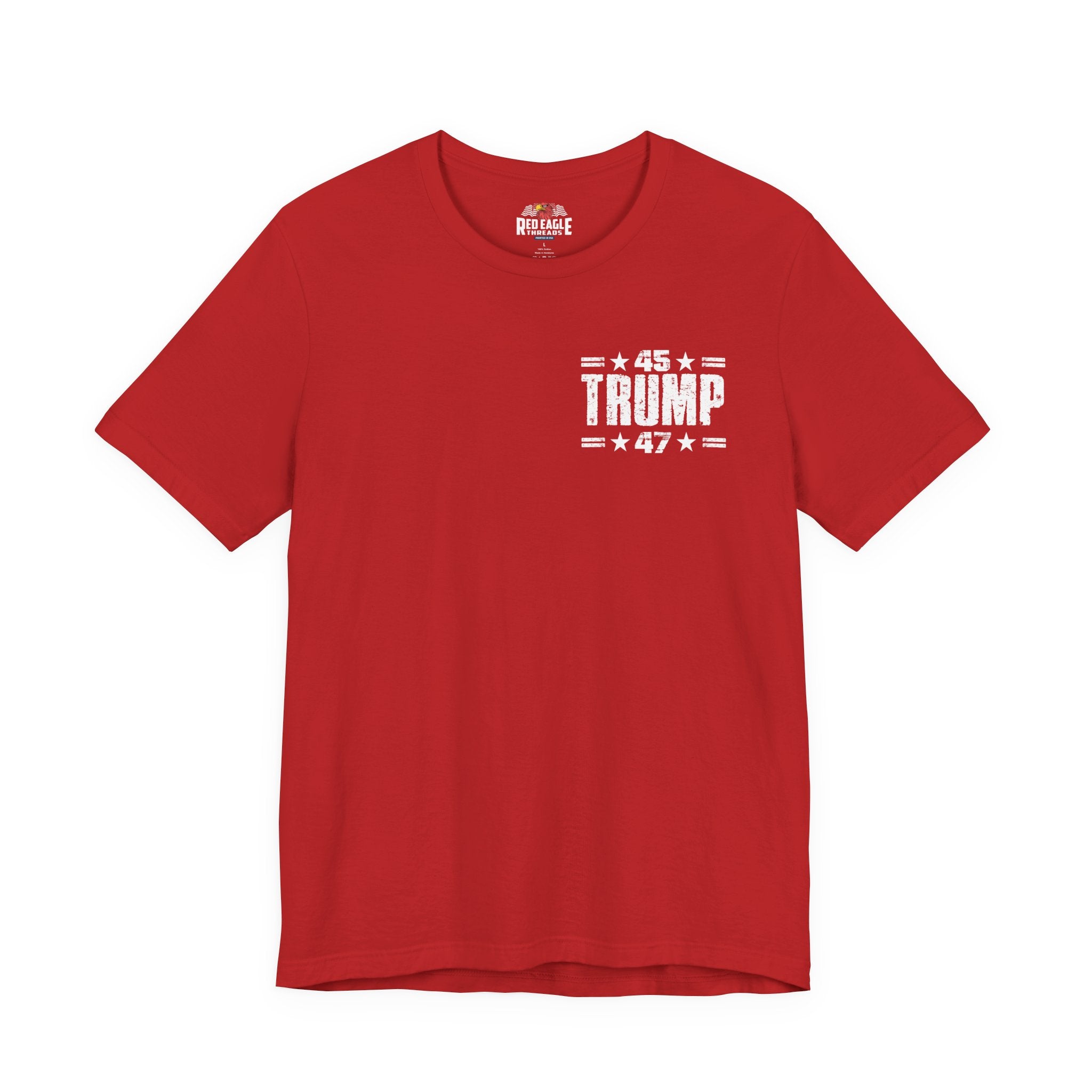 Red t-shirt with '45 TRUMP 47' text on a white background