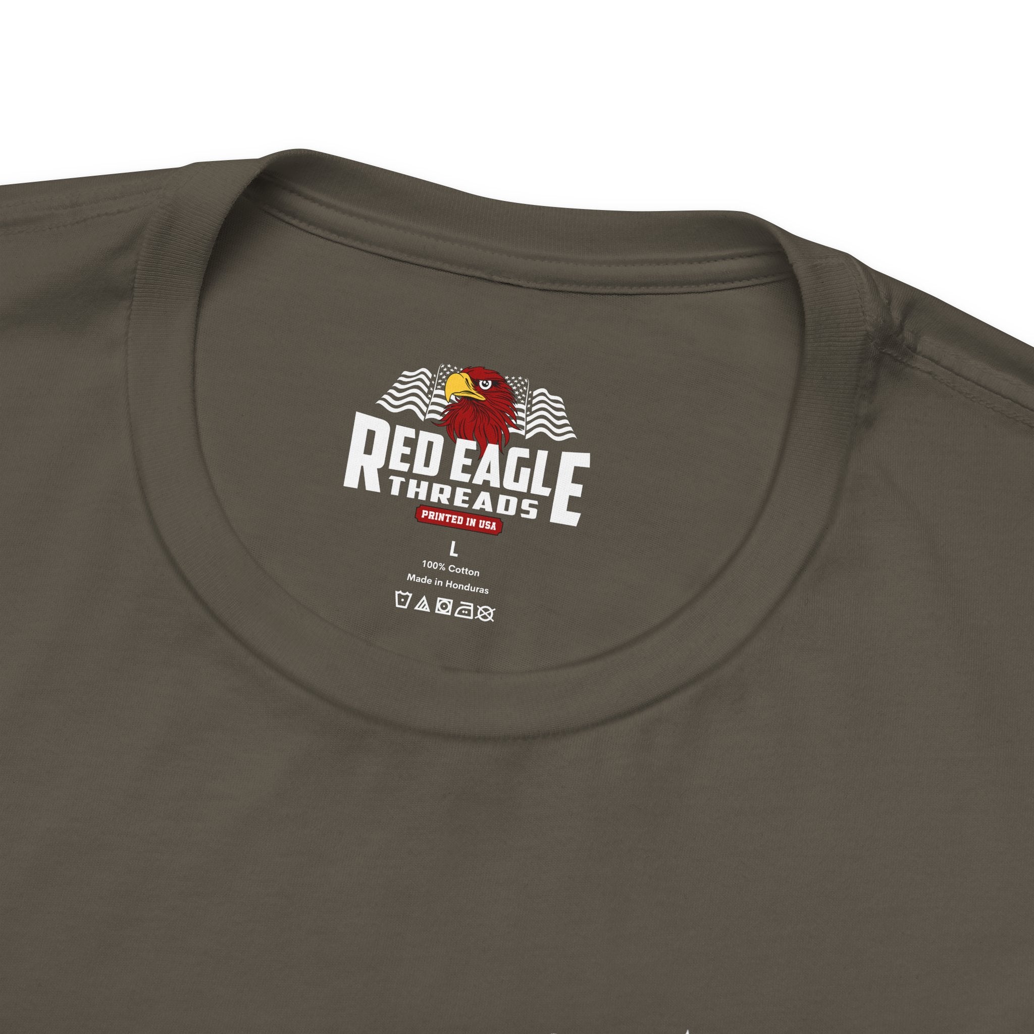 Army green t-shirt with Red Eagle Threads logo on a white background