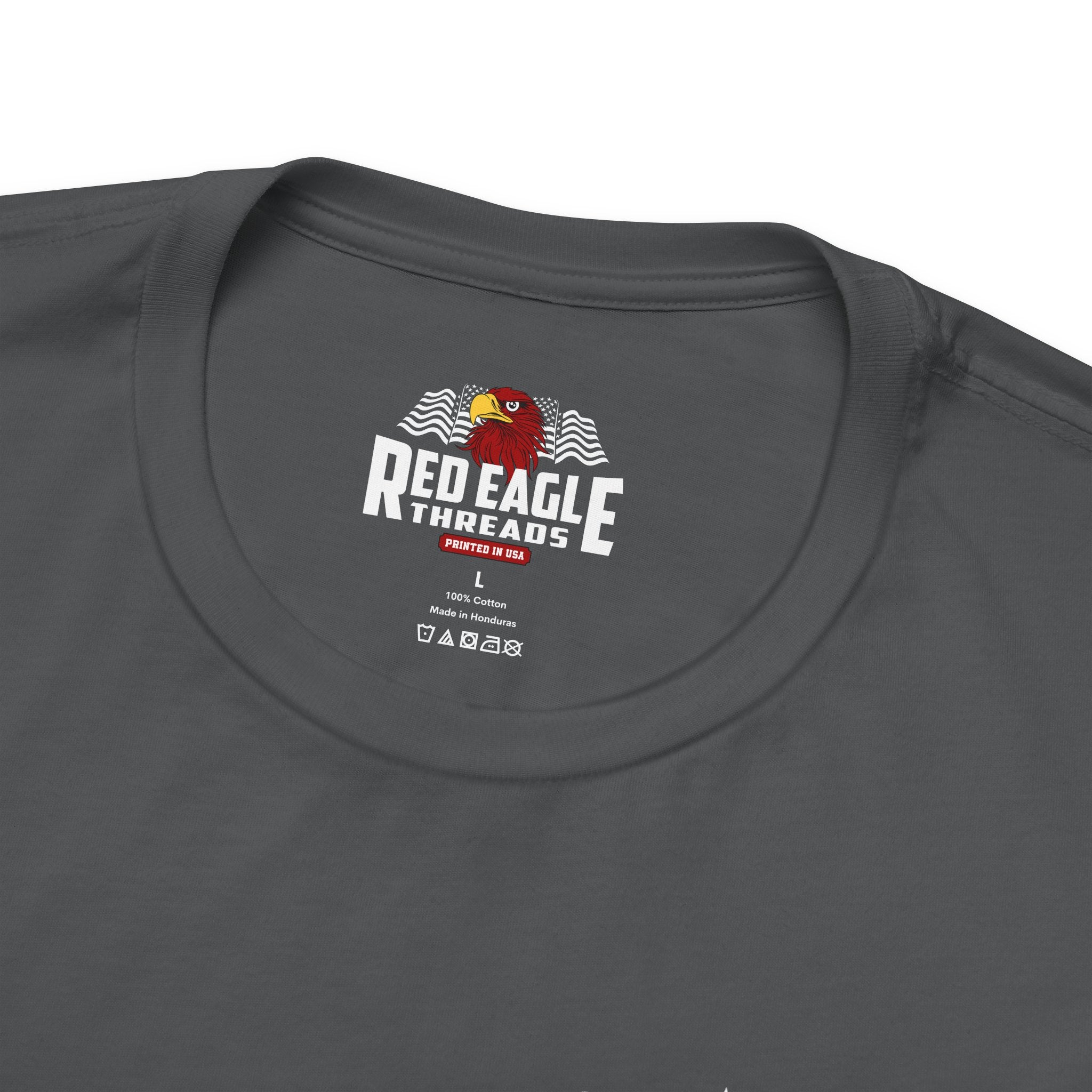 Gray t-shirt with Red Eagle Threads logo on a white background