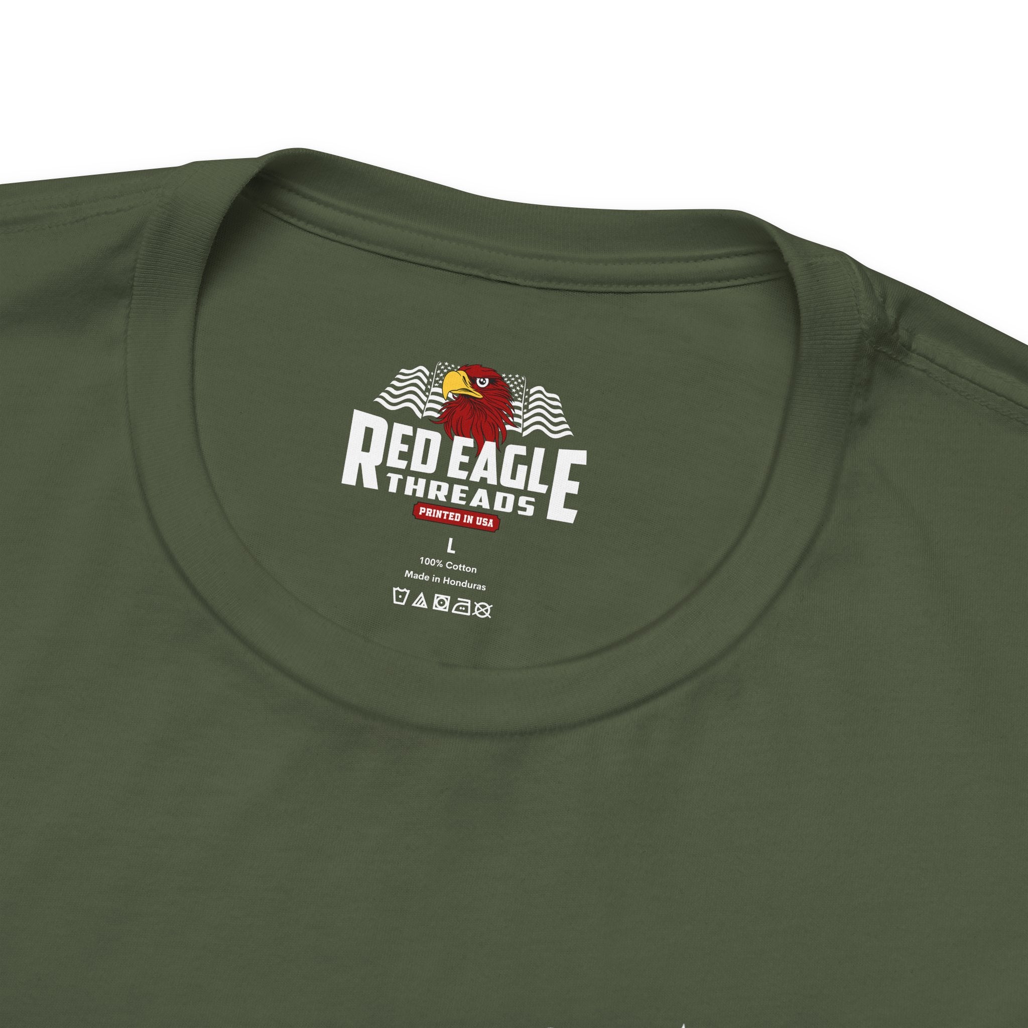 Military Green t-shirt with Red Eagle Threads logo on a white background