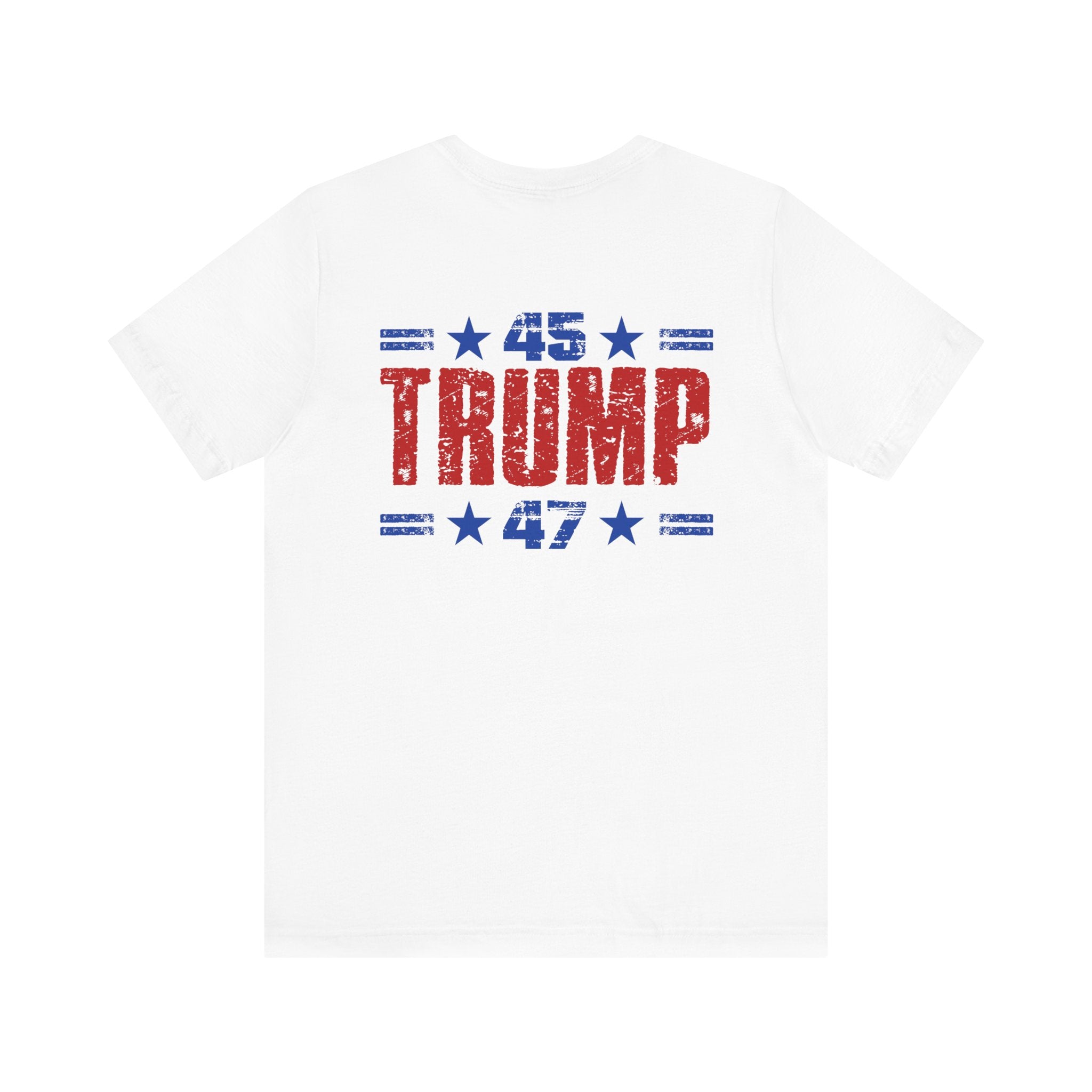 White t-shirt with '45 TRUMP 47' text and stars on the back, on a white background