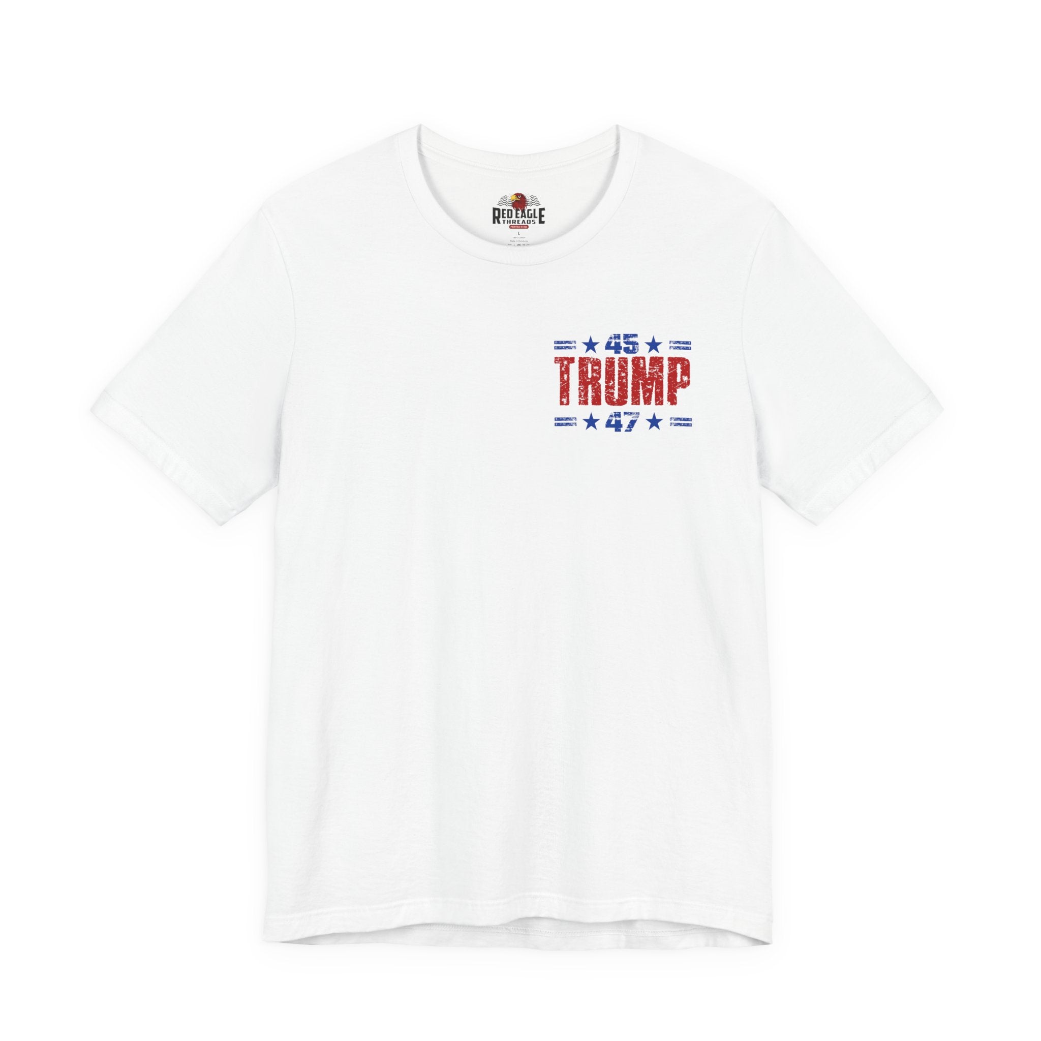 White t-shirt with '45 Trump 47' text on a white background