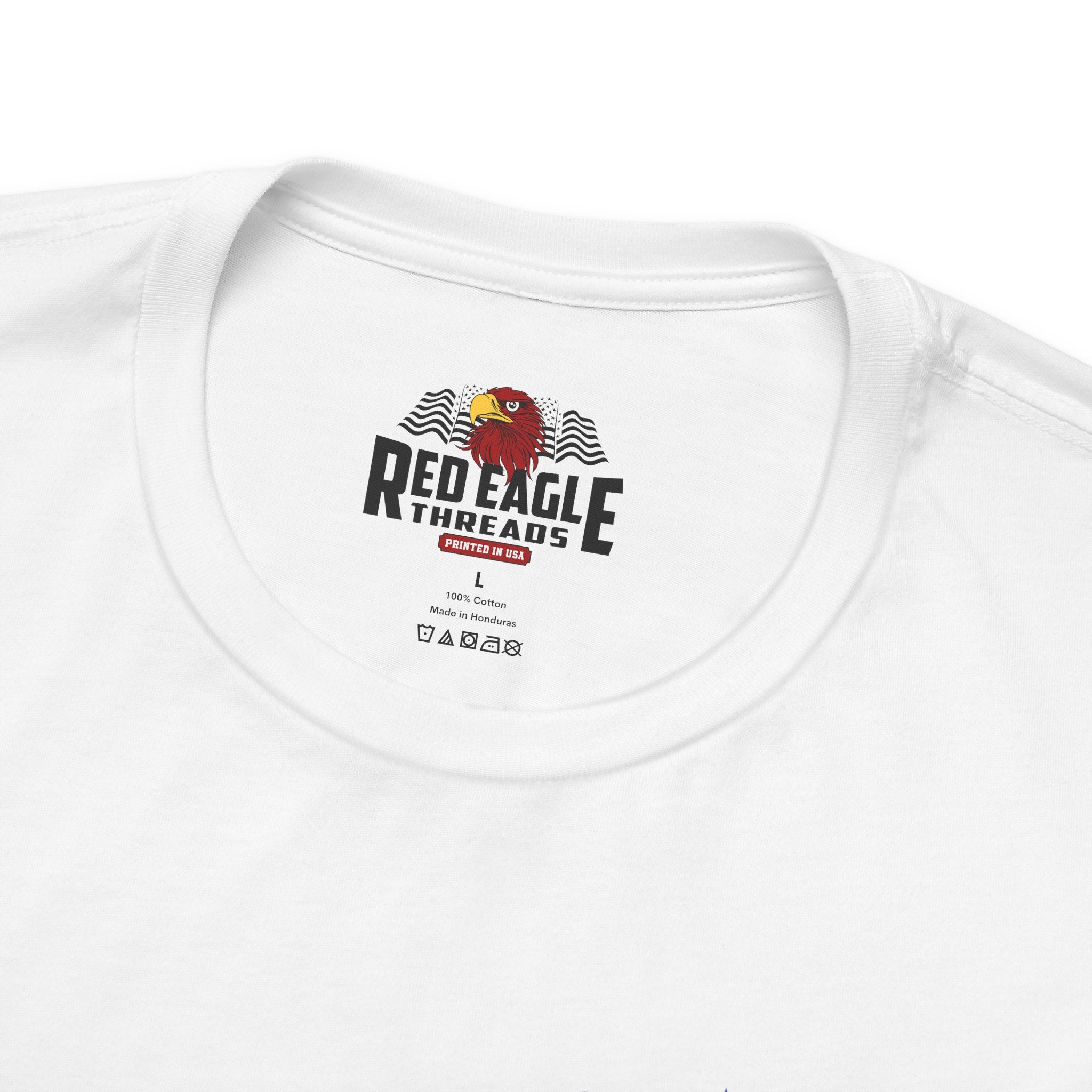 White t-shirt with Red Eagle Threads logo on a white background