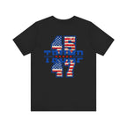Vintage Black t-shirt with '45 Trump 47' design on back featuring American flags on a white background