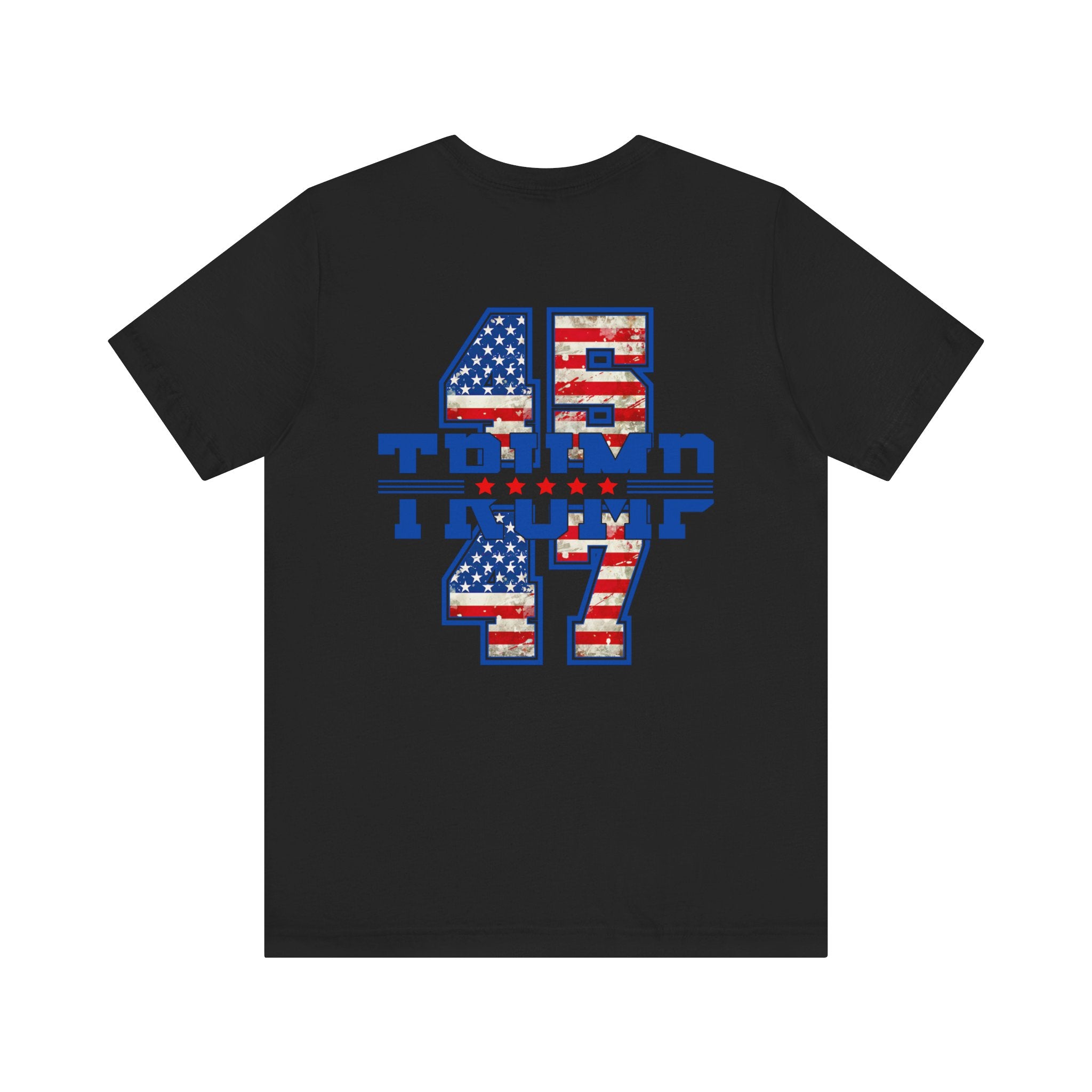 Vintage Black t-shirt with '45 Trump 47' design on back featuring American flags on a white background