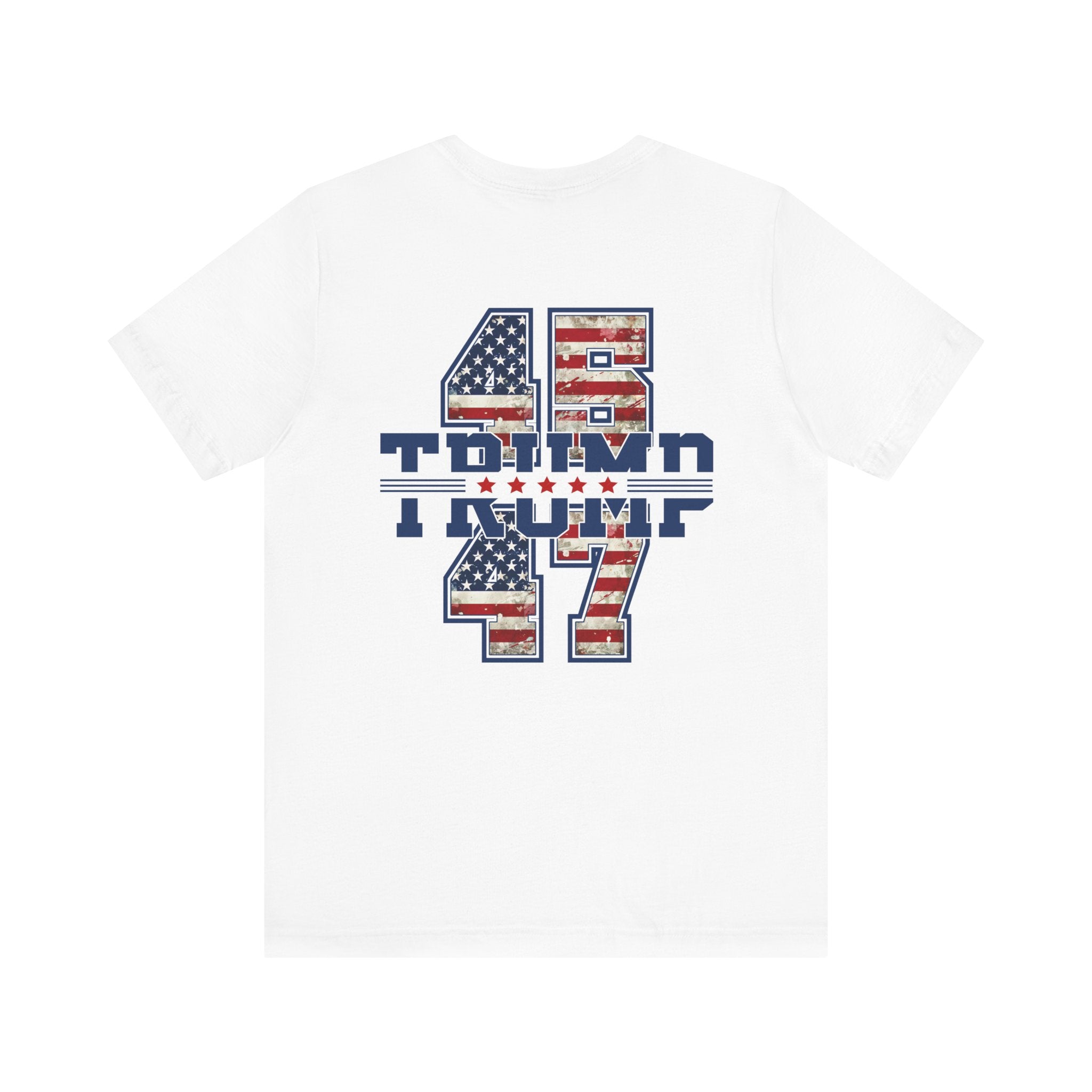 White t-shirt with '45 Trump 47' design on back featuring American flags on a white background