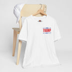 White t-shirt with 'TRUMP 47' design on a wooden chair against a white background