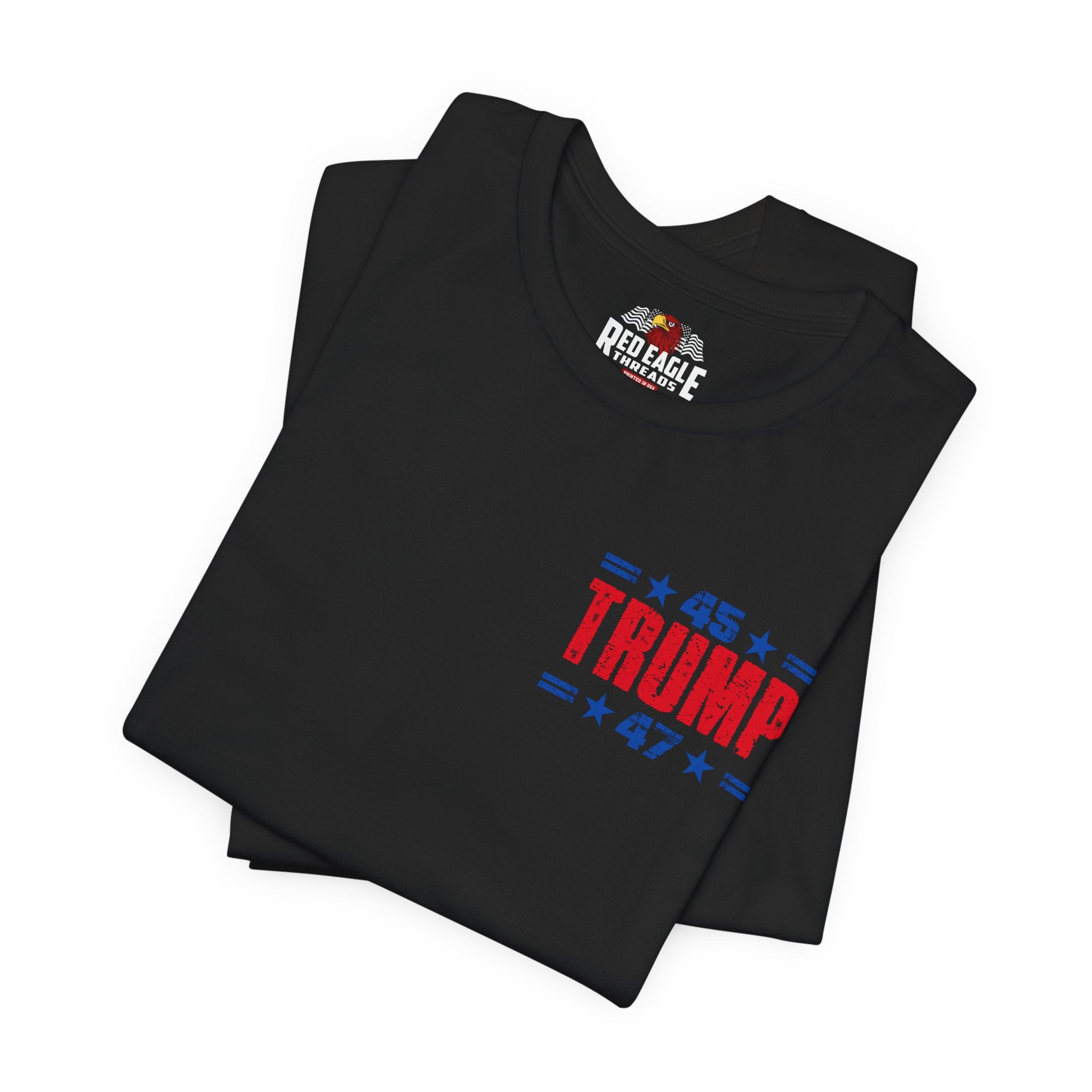 Black t-shirt with '45 Trump 47' designon front  on a white background