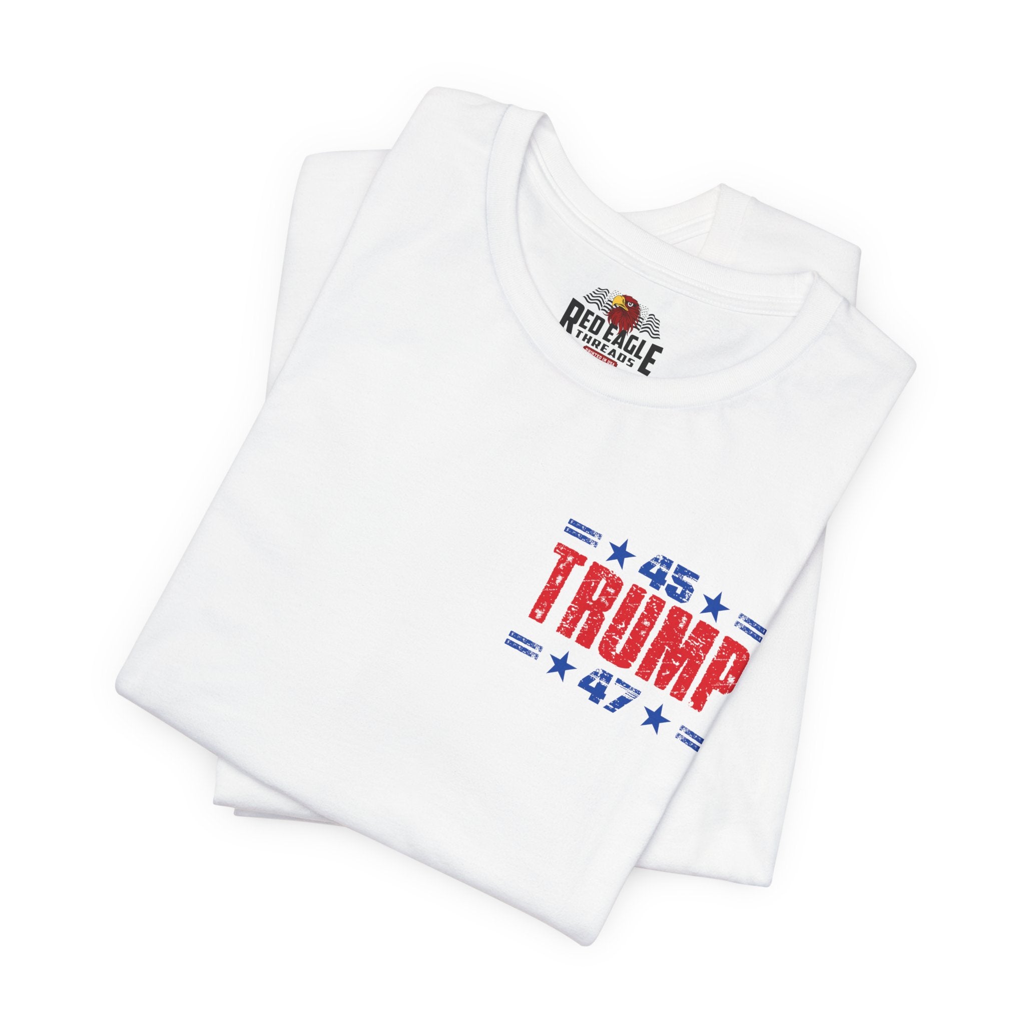 White t-shirt with 'Trump 45' text on front logo on a white background