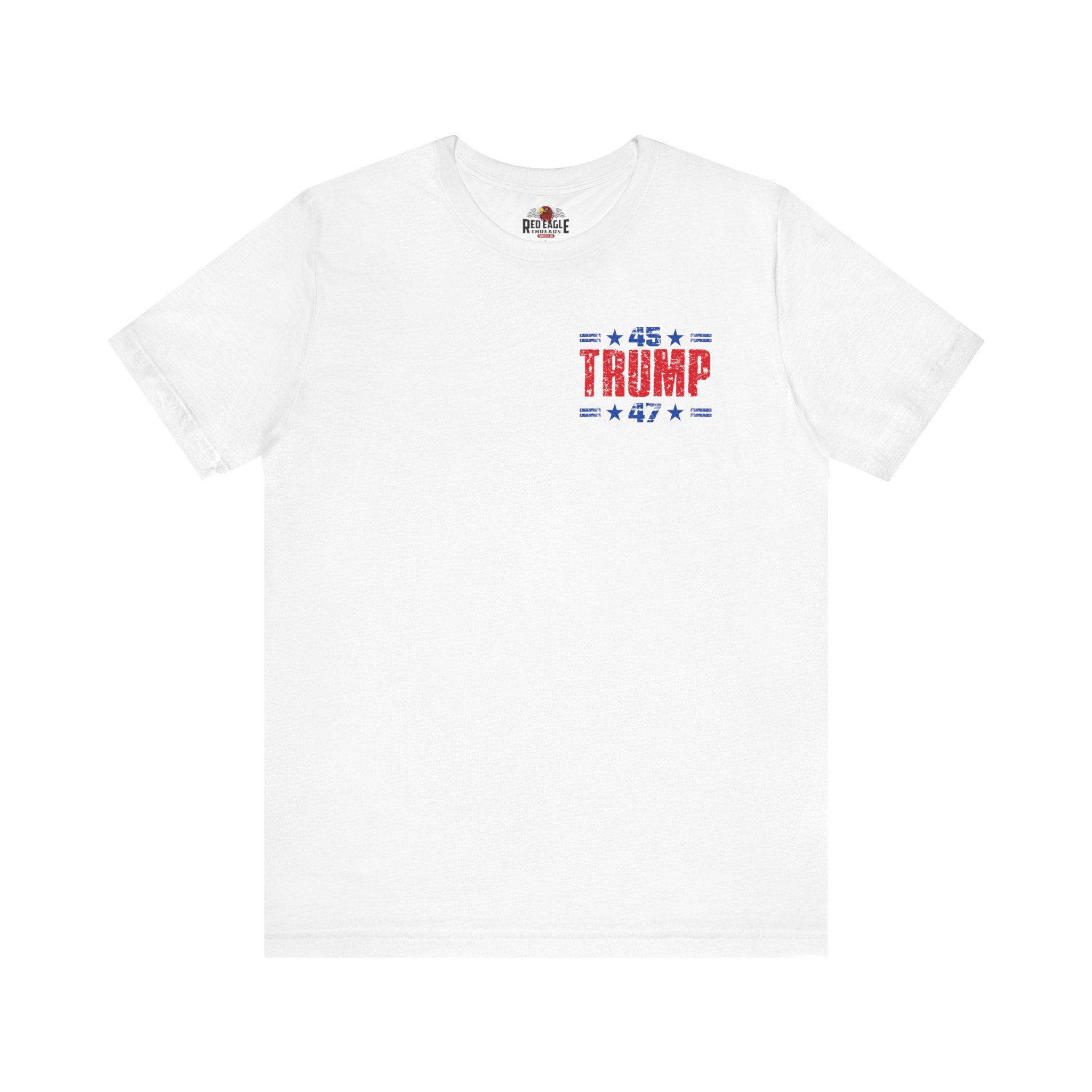 White t-shirt with '45 Trump 47' text on front on a white background