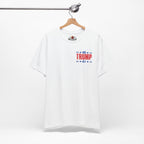 White t-shirt with '45 Trump' text on a hanger against a white background