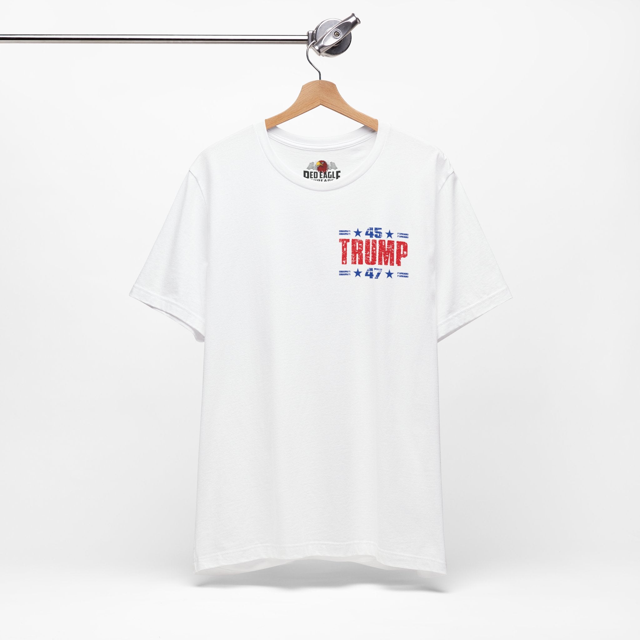 White t-shirt with '45 Trump' text on a hanger against a white background