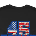 Vintage Black t-shirt with American flag-themed number 45 47 design on back on a white background