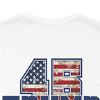 White t-shirt with a number '45' on back featuring American flag design on a white background