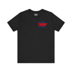 Black t-shirt with 'TRUMP 45' text on front on a white background