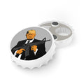 Bottle cap with a graphic of a person holding a rifle on a white background