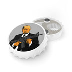 Bottle cap with a graphic of a person holding a rifle on a white background