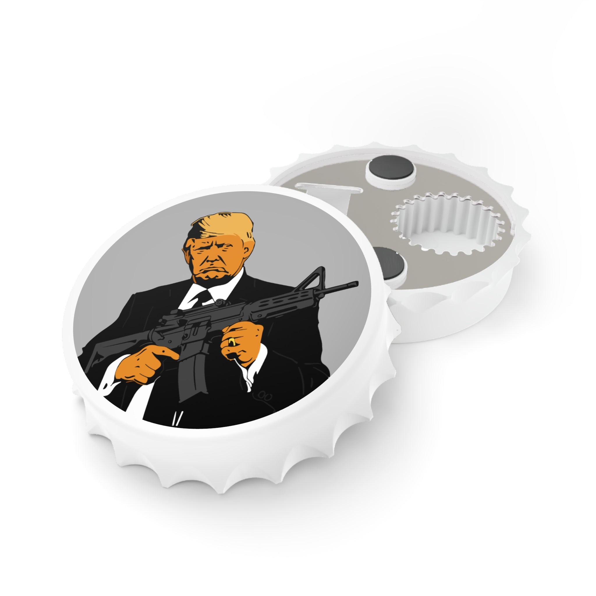 Bottle cap with a graphic of a person holding a rifle on a white background