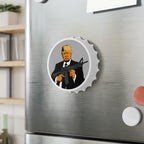 Bottle Opener fridge magnet with a graphic of a person holding a gun on a metallic surface.