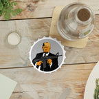 Bottle opener fridge magnet with a graphic of a person holding a rifle on a wooden table.