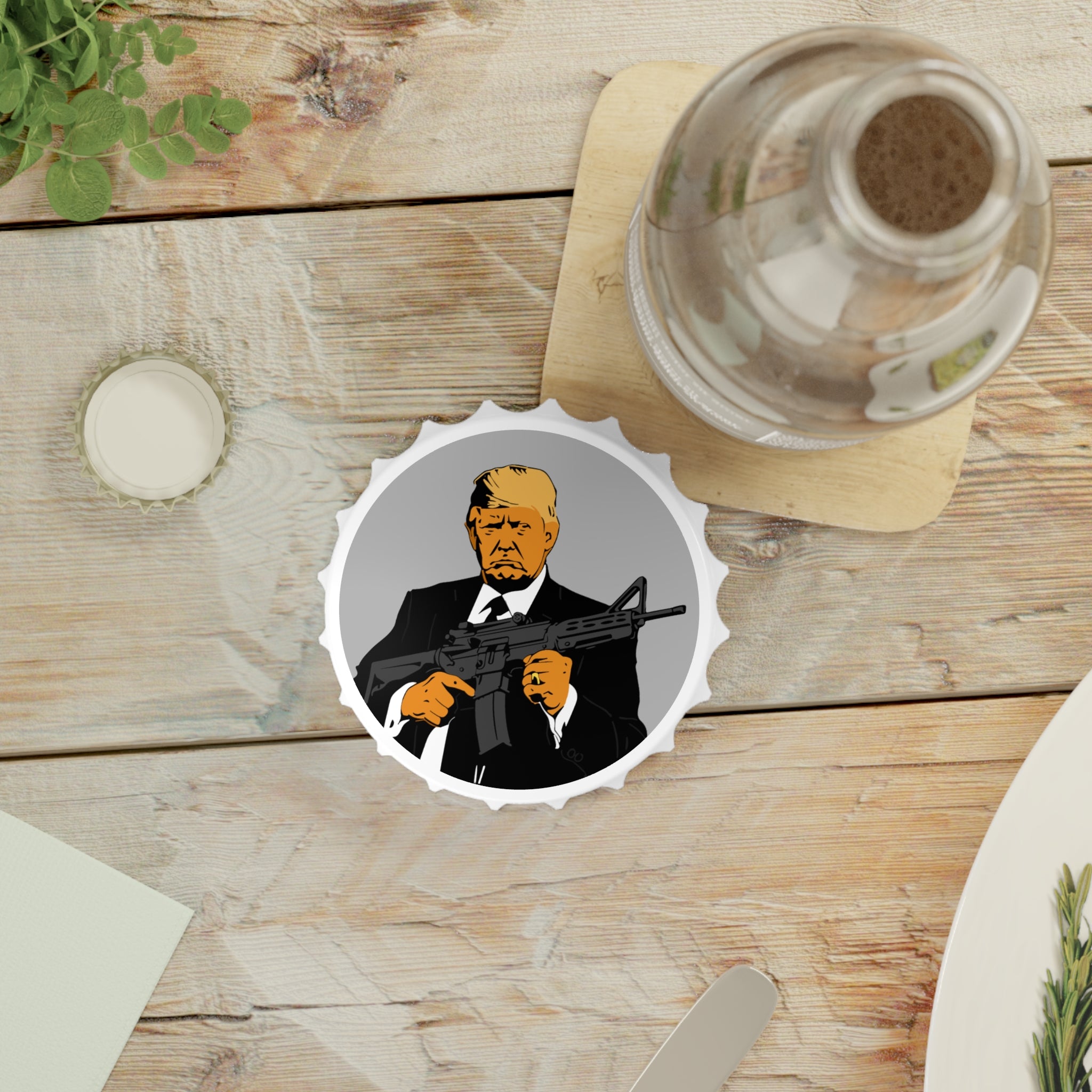Bottle opener fridge magnet with a graphic of a person holding a rifle on a wooden table.