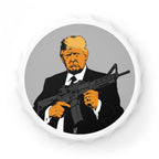 Bottle opener magnet with illustration of a person holding an assault rifle with a gray circle background