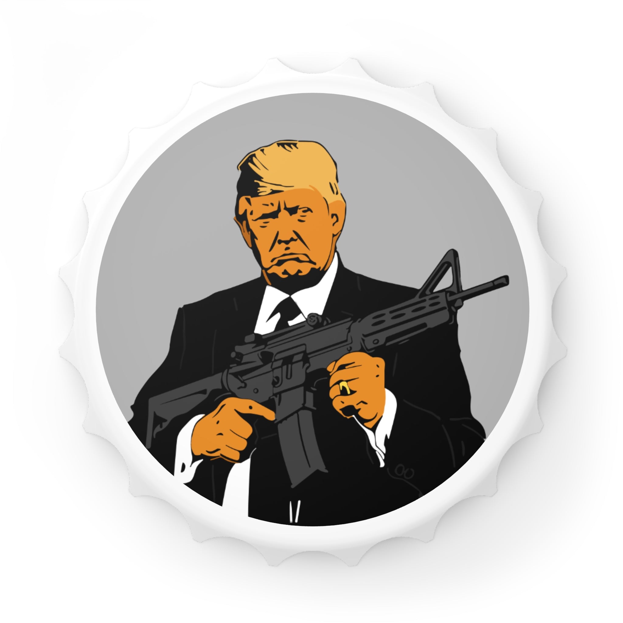 Bottle opener magnet with illustration of a person holding an assault rifle with a gray circle background