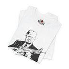 White t-shirt with graphic of a person holding a rifle and Red Eagle Firearms logo on a white background