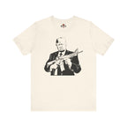 Natural t-shirt with a graphic of a person holding a rifle on a white background