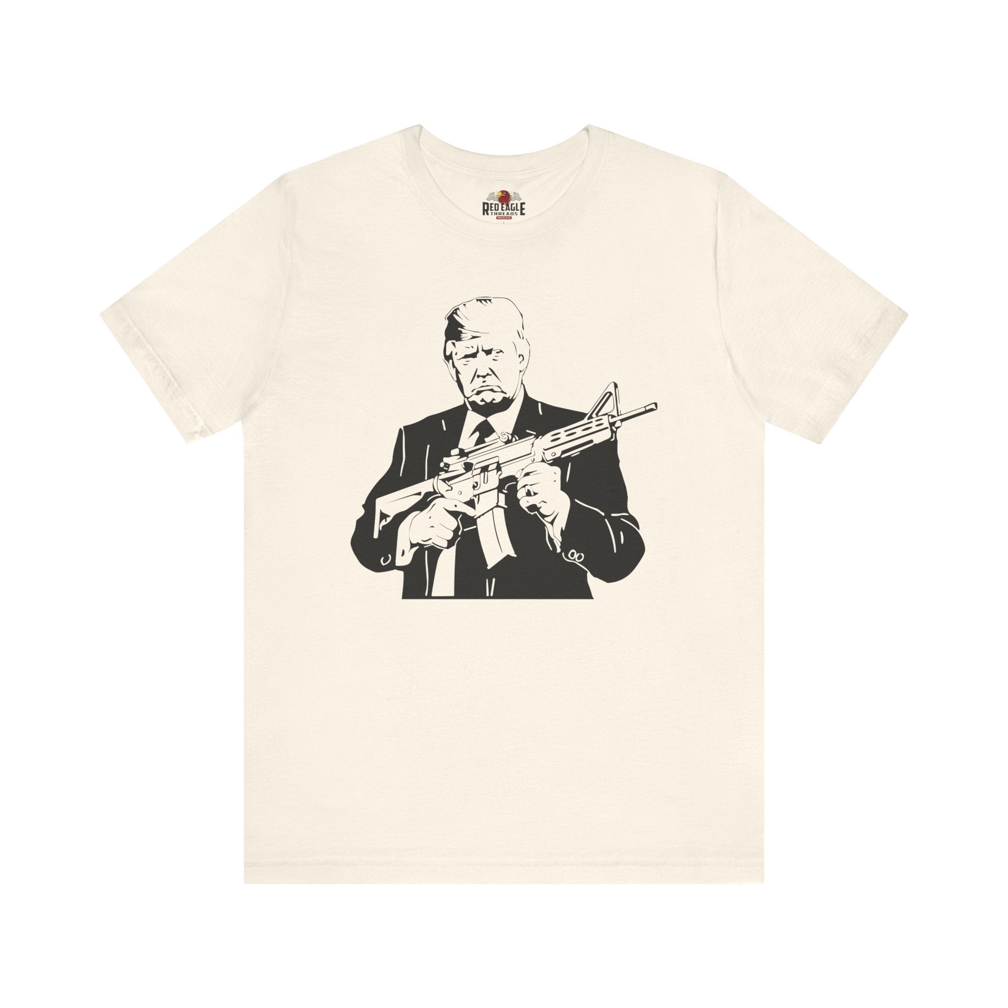Natural t-shirt with a graphic of a person holding a rifle on a white background