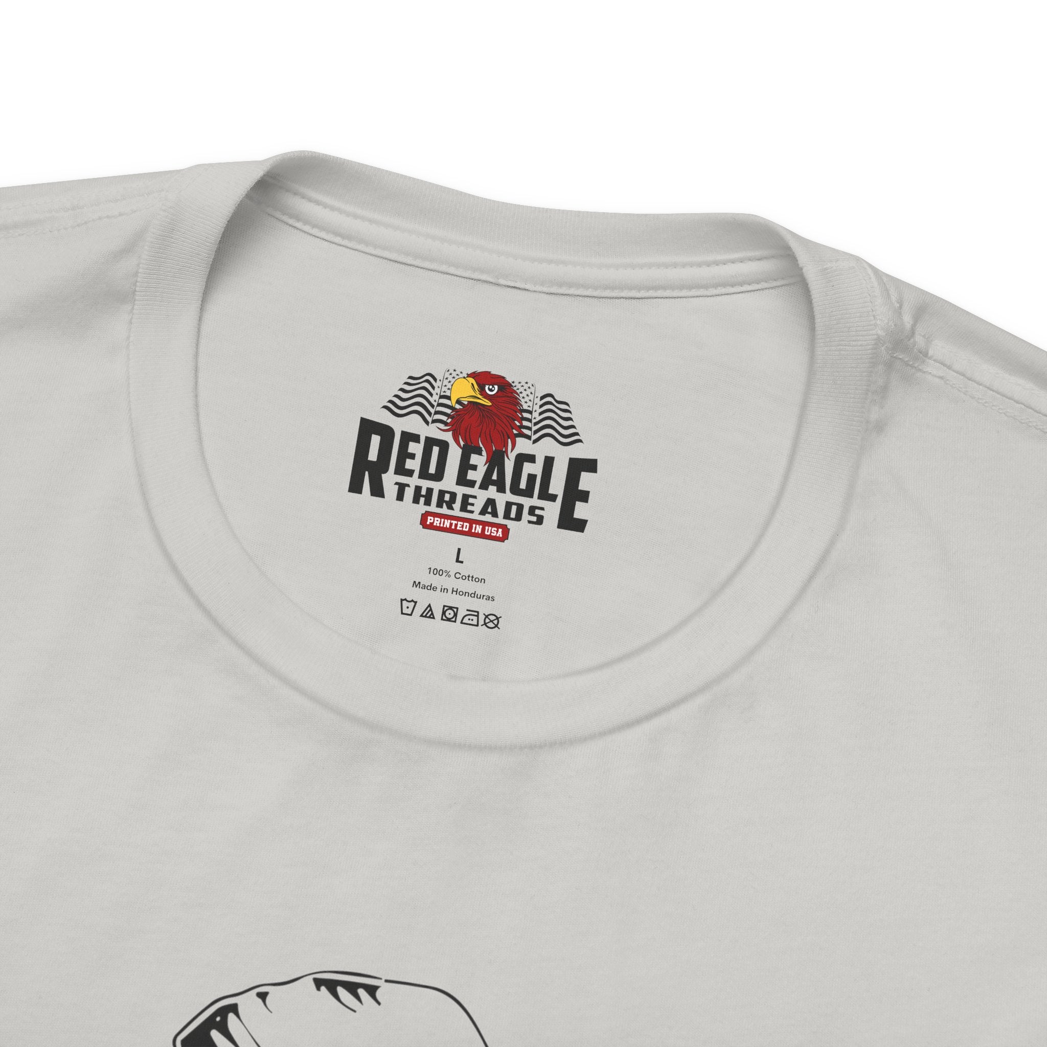 Silver t-shirt with Red Eagle Threads logo on a white background