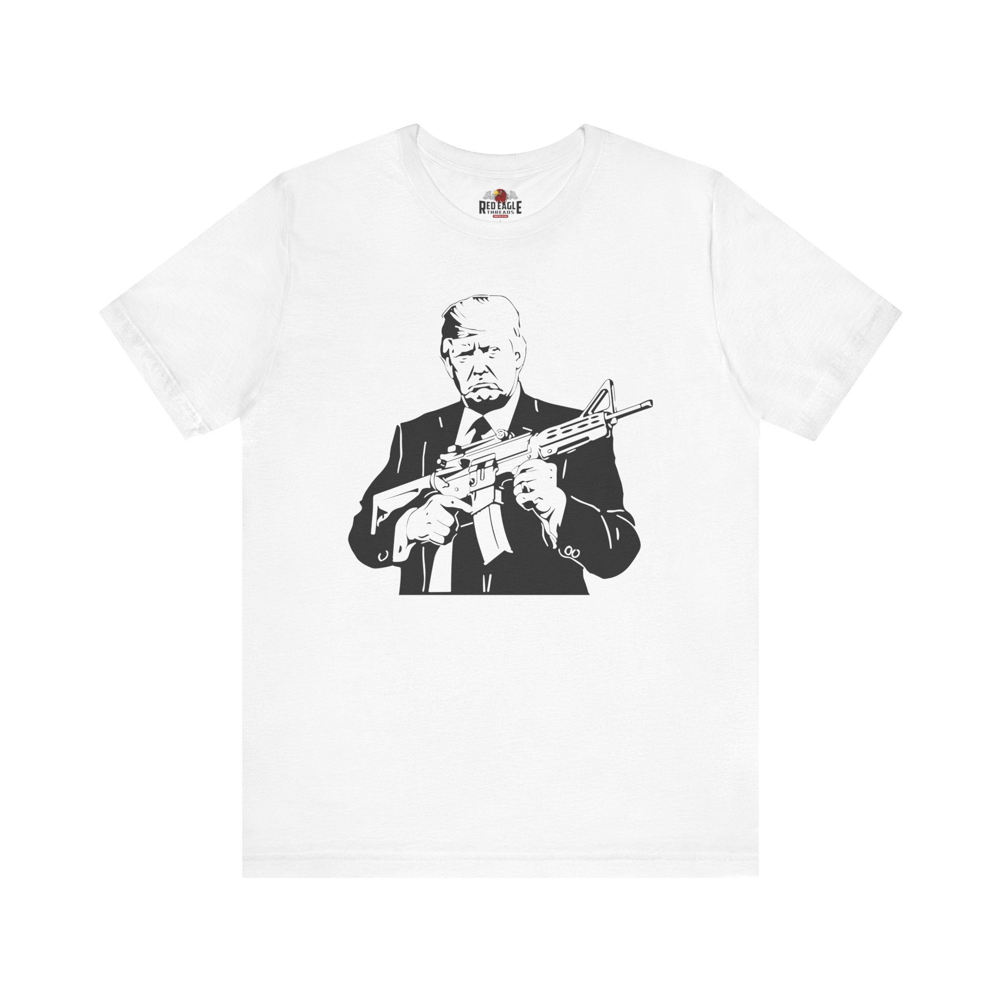 White t-shirt with a graphic of a person holding a rifle on a white background