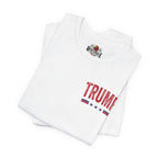 White t-shirt with 'TRUMP' printed on the front, on a white background.