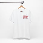 White t-shirt with 'TRUMP' printed on the front, hanging on a wooden hanger against a white background.