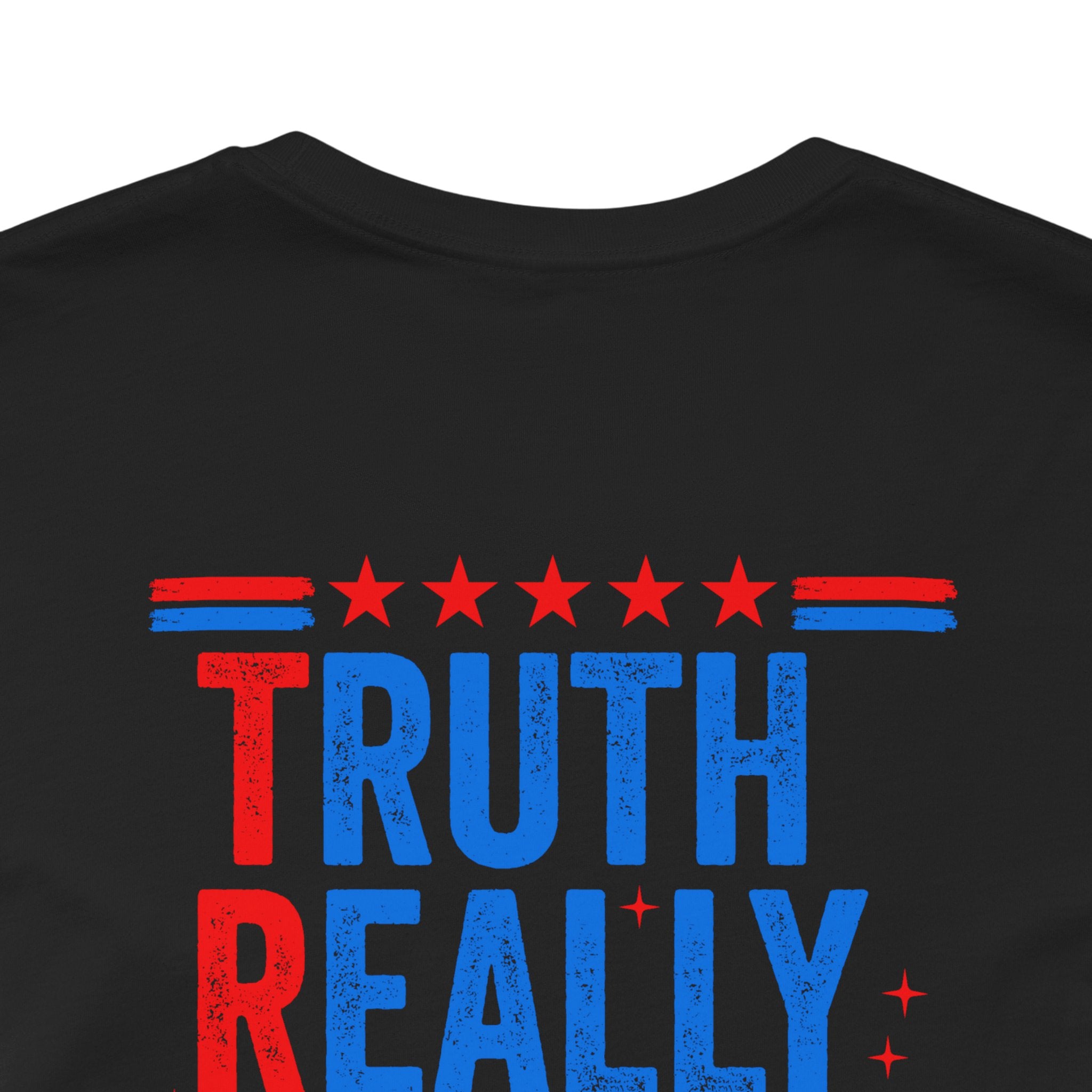Vintage Black t-shirt with 'TRUTH REALLY' text ont the back in red and blue on a white background