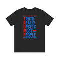 Black t-shirt with red, white, and blue text on back on a white background