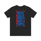 Black t-shirt with red, white, and blue text on back on a white background